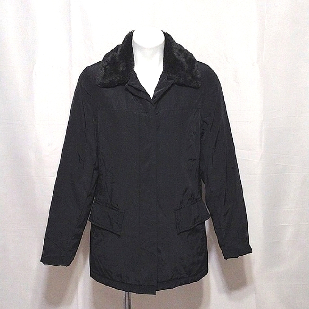 IZZI Black Puffer Jacket Small Faux Fur Collar Winter Coat Button Up Chic Warm